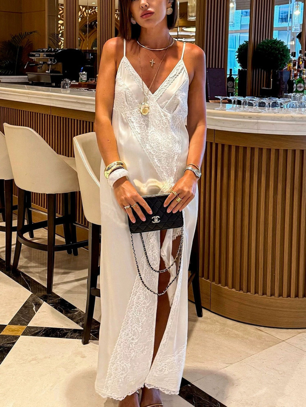 ZARA Elegant French Satin Lace Camisole Slit Dress Spring Summer Chic